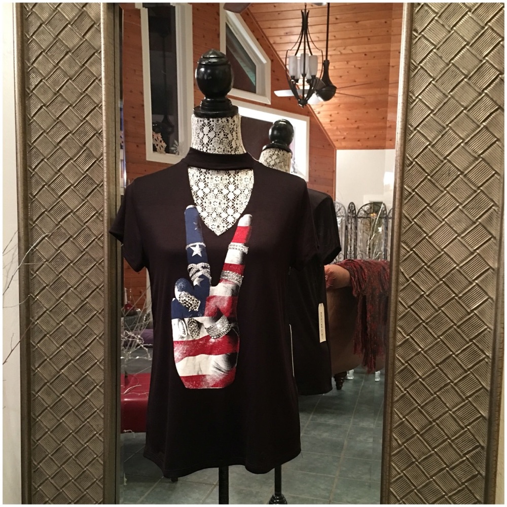 American Flag Peace Sign Silver Stones Black V-Neck Top - Picture 6 of 7